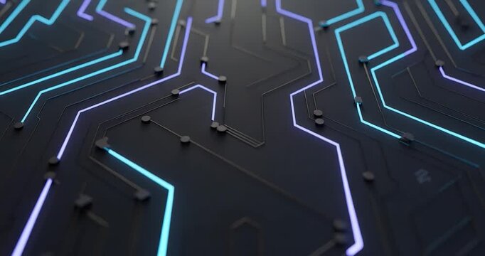 Futuristic neon circuit lines background with glowing purple and pink light paths, abstract technology grid system, modern digital connection network design for innovation, AI, data flow and tech visu
