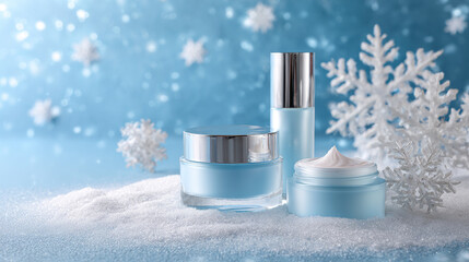 Winter skincare cream and serum with snowflake decoration on blue background, refreshing and moisturizing beauty care