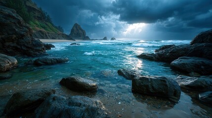 Dramatic storm clouds break revealing sunlit ocean waves crashing against rugged rocky coastline and serene beach