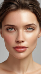 Fototapeta premium Young woman with clear skin and natural makeup looking at camera with calm expression and blue eyes