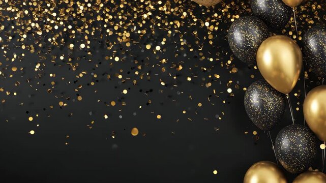 Exciting celebration scene with confetti and gold balloons set against a dark background for a joyful gathering