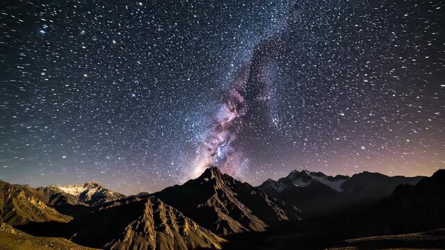 Mountainous landscape with starry night sky and misty peaks serves as a breathtaking backdrop for exploring, discovering, or pursuing knowledge, making it an ideal concept for advertisements.