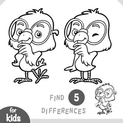 Cute Chick Bird with large glasses. Spot the differences game for kindergarten and preschool children. Black and white coloring page for kids. Kawaii happy character