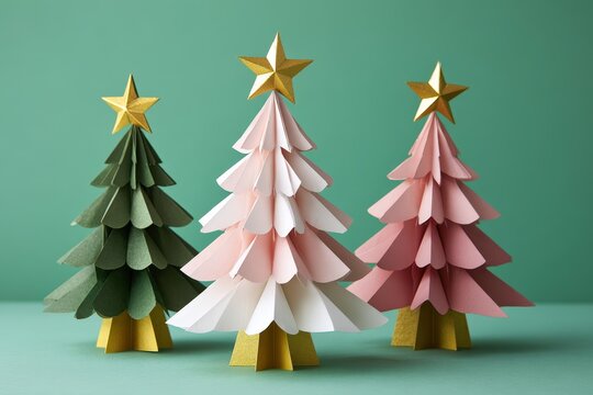 Three handmade paper holiday trees display pastel colors against a solid background.