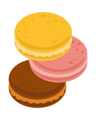 Stack of colorful macarons in chocolate, strawberry, and lemon flavors. Flat illustration isolated on white background. Vector dessert clipart for cafe design and menu