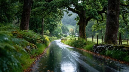 Fototapeta premium Serene country road winding through lush green forest after rainfall, inviting journey into nature's embrace.