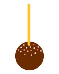 Chocolate cake pop with colorful sprinkles on stick. Flat vector illustration isolated on white background. Cute dessert design for party decor or sweet menu