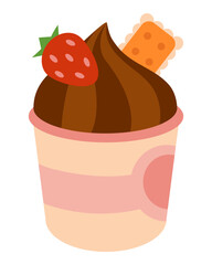 Chocolate cupcake with strawberry and cookie topping. Flat vector illustration isolated on white background. Cute dessert design for pastry menus and cafe packaging.