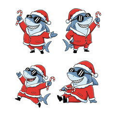 Santa Shark Cartoon Set: Cheerful Christmas character illustrations