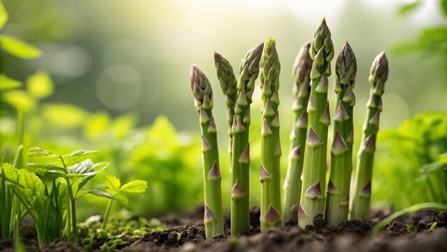 Freshly grown asparagus spears ready for harvest in vibrant green garden, showing healthy eating and spring abundance