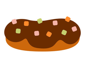 Chocolate eclair with colorful sprinkles. Sweet bakery dessert isolated on white background. Flat vector illustration for pastry shop design, menu or confectionery branding.