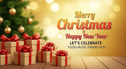 Celebrate Merry Christmas and Happy New Year with gifts, food, music, friends, and fun for the holidays and festive season events and greetings