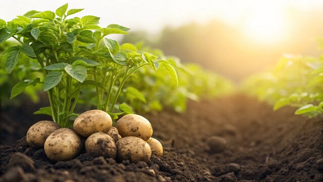 Freshly harvested potatoes and vibrant green plants in a sun-drenched field evoke the promise of healthy eating and seasonal bounty