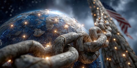 Powerful global connection symbolized by a massive chain linked to a digital earth under a starry sky with an American flag waving