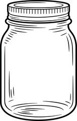 Mason jar illustration, black line drawing, vector sketch, screw lid, transparent container, kitchen storage, vintage style, glass outline, contourMason jar illustration, black line drawing,