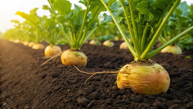 Golden turnips growing in rich soil under the warm sunlight, promising a bountiful harvest of fresh, organic produce from the farm - Powered by Adobe