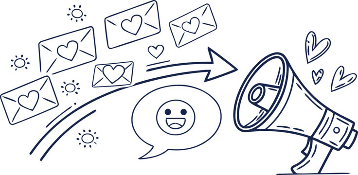 Hand-drawn doodle of a megaphone broadcasting love letters and positive feedback for a viral marketing campaign concept