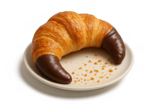 Croissant with chocolate tips on a plate, surrounded by crumbs, showing fresh bakery breakfast pastry