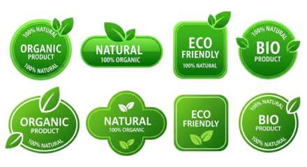 Green organic and natural product labels isolated on transparent background promote ecofriendly choices