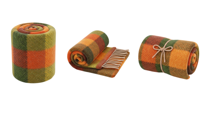 Three rolled up wool blankets in orange, green, and brown isolated on transparent background