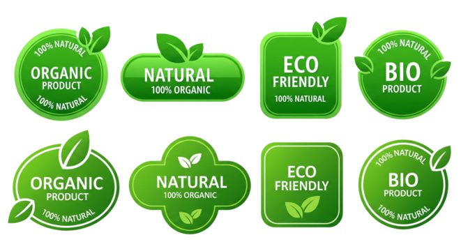 Green organic and natural product labels isolated on transparent background promote ecofriendly choices