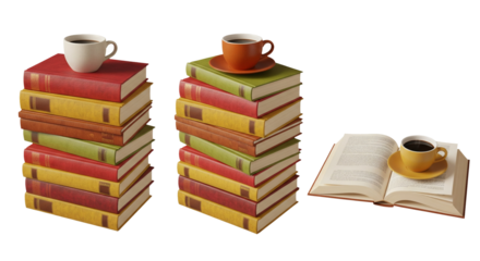Stacks of vintage books with coffee cup isolated on transparent background for reading concept