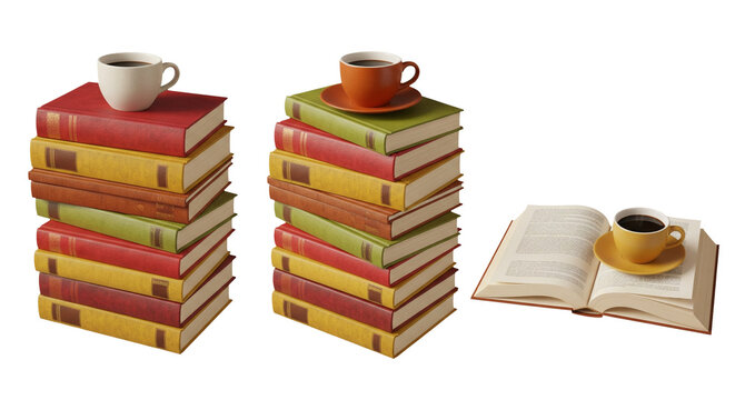 Stacks of vintage books with coffee cup isolated on transparent background for reading concept
