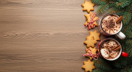 Cozy Christmas scene with hot chocolate and star cookies on rustic wooden background offers warmth and cheer