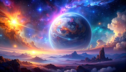A vibrant cosmic scene depicts a planet amidst swirling nebulae, illuminated by a brilliant sun. Distant mountain ranges form a hazy foreground
