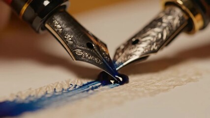 Close-up of two ornate fountain pens writing on paper. - Powered by Adobe