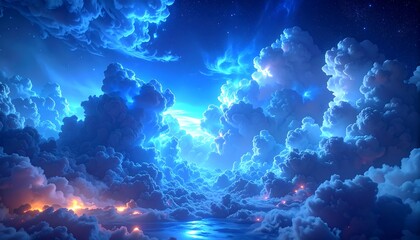 A mesmerizing celestial scene filled with vibrant blue clouds, and a faint glow against a dark, starry sky
