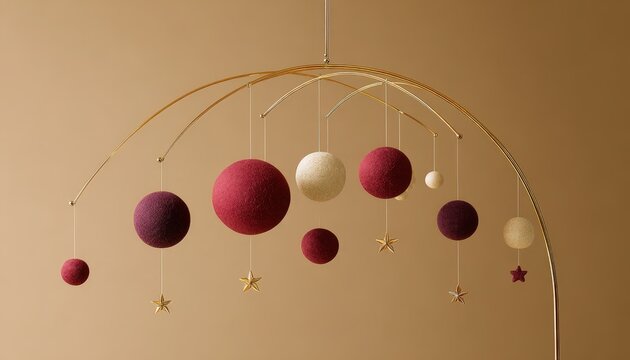 Hanging mobile featuring spherical objects and star accents suspended from a golden arched frame
