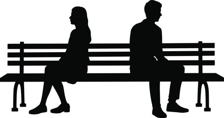 Silhouette of man and woman sitting apart on bench representing relationship distance, conflict, loneliness, emotional tension and sad couple communication issues