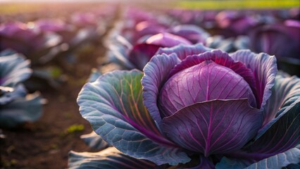 Vibrant purple cabbage field bathed in soft sunset light, perfect for healthy eating campaigns and fresh produce marketing materials now