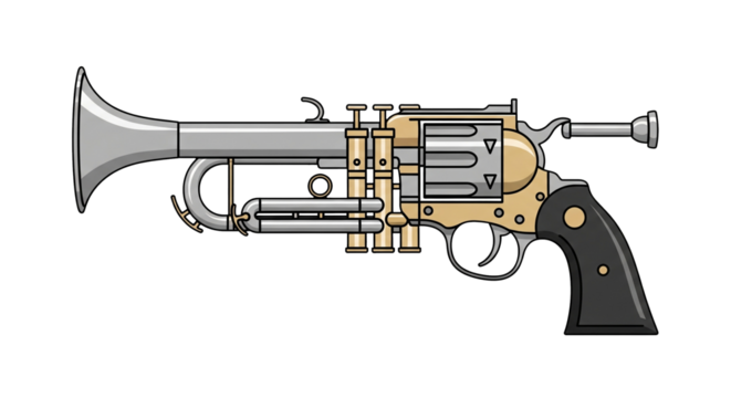 Steampunk gun with trumpet elements isolated on transparent background, a creative and unique design - Powered by Adobe