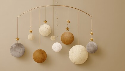 Sophisticated celestial themed nursery decoration hangs against a muted background
