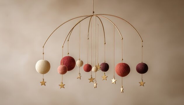 Decorative hanging mobile featuring felt spheres and metallic stars against a soft neutral background
