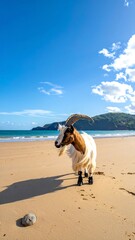 A goat stands on a sandy beach by the ocean under a bright blue sky. Green hills are in the background, casting shadows