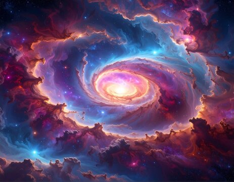 A mesmerizing celestial scene showcasing a colorful, swirling nebula with luminous core and vibrant hues. Speckled with stars