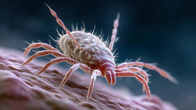 Close-up view of a scabies mite on human skin showing the detailed physical features and implications of infestation during an outbreak