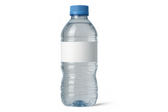 Water bottle made of clear plastic with a blue cap and blank white label, showcasing hydration and refreshment concepts