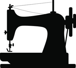 Silhouette of vintage sewing machine with thread and needle showing traditional tailoring equipment for fabric stitching craft industry vector illustration design
