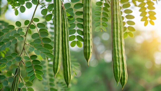 Moringa pods hang gracefully from a tree branch, bathed in warm sunlight representing natural beauty and healthy living concepts