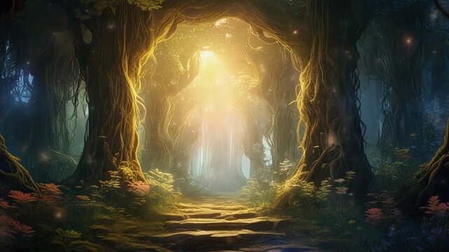 A mystical forest path leads to a bright, glowing portal with enchanting light.