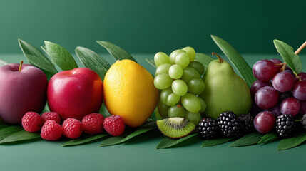 Vibrant and colorful fresh fruit display featuring apples, lemons, grapes, berries, kiwi, and other natural produce ideal for healthy lifestyle, food photography, and dietary needs