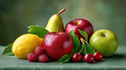 Vibrant and fresh assortment of colorful fruits including apples, pears, lemons, cherries, raspberries, and more, showcasing natural produce for healthy living