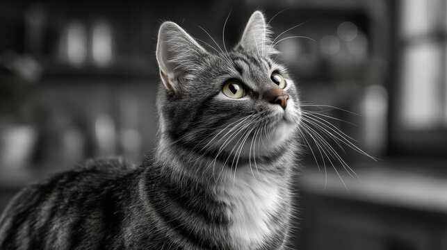 Beautiful close-up portrait of a gray domestic cat with striking eyes, detailed fur, whiskers, and a captivating expression, perfect for pet lovers and animal enthusiasts
