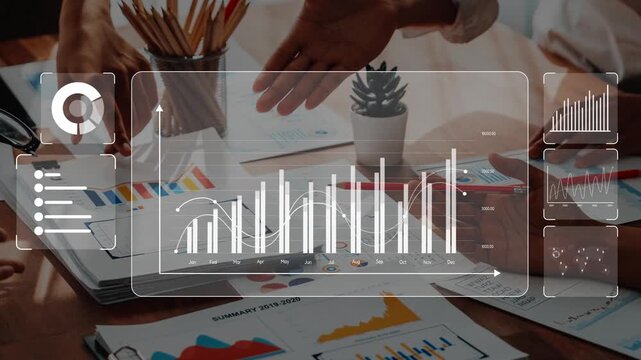 A dynamic business team collaborates over data analysis, showcasing hands-on engagement with graphs and digital interfaces for informed decision-making. Raster - Powered by Adobe