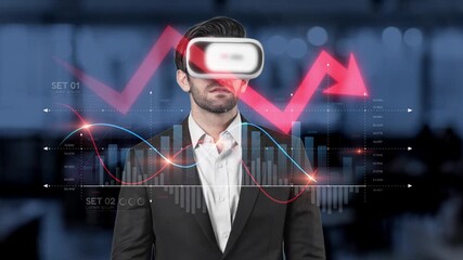 A businessman using a virtual reality headset to explore market trends. The image portrays data graphs and charts, showcasing innovative analysis in a modern office setting. Raster - Powered by Adobe