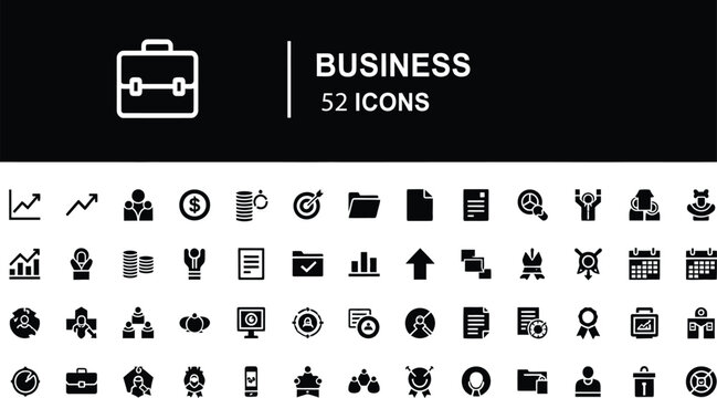 Business and finance flat vector icons set. briefcase, chart, money, document, meeting, team, growth, graph, management, marketing, vector symbols pack, perfect for web design.